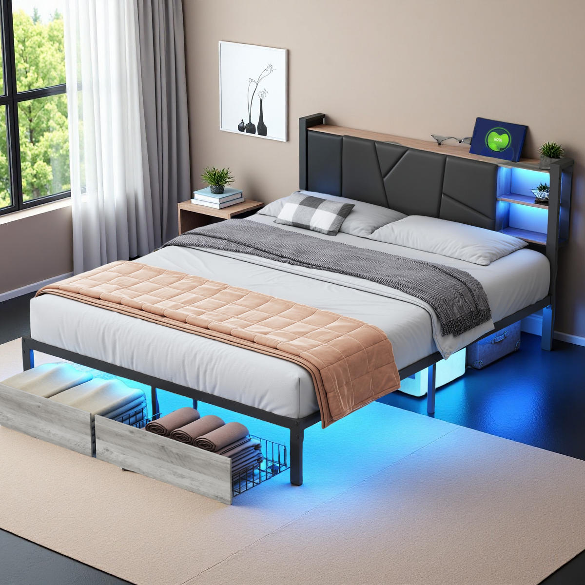 POLSTERBETT 160x200 LED - Schwarz, Metall (160/200cm) - SHOPENTRA