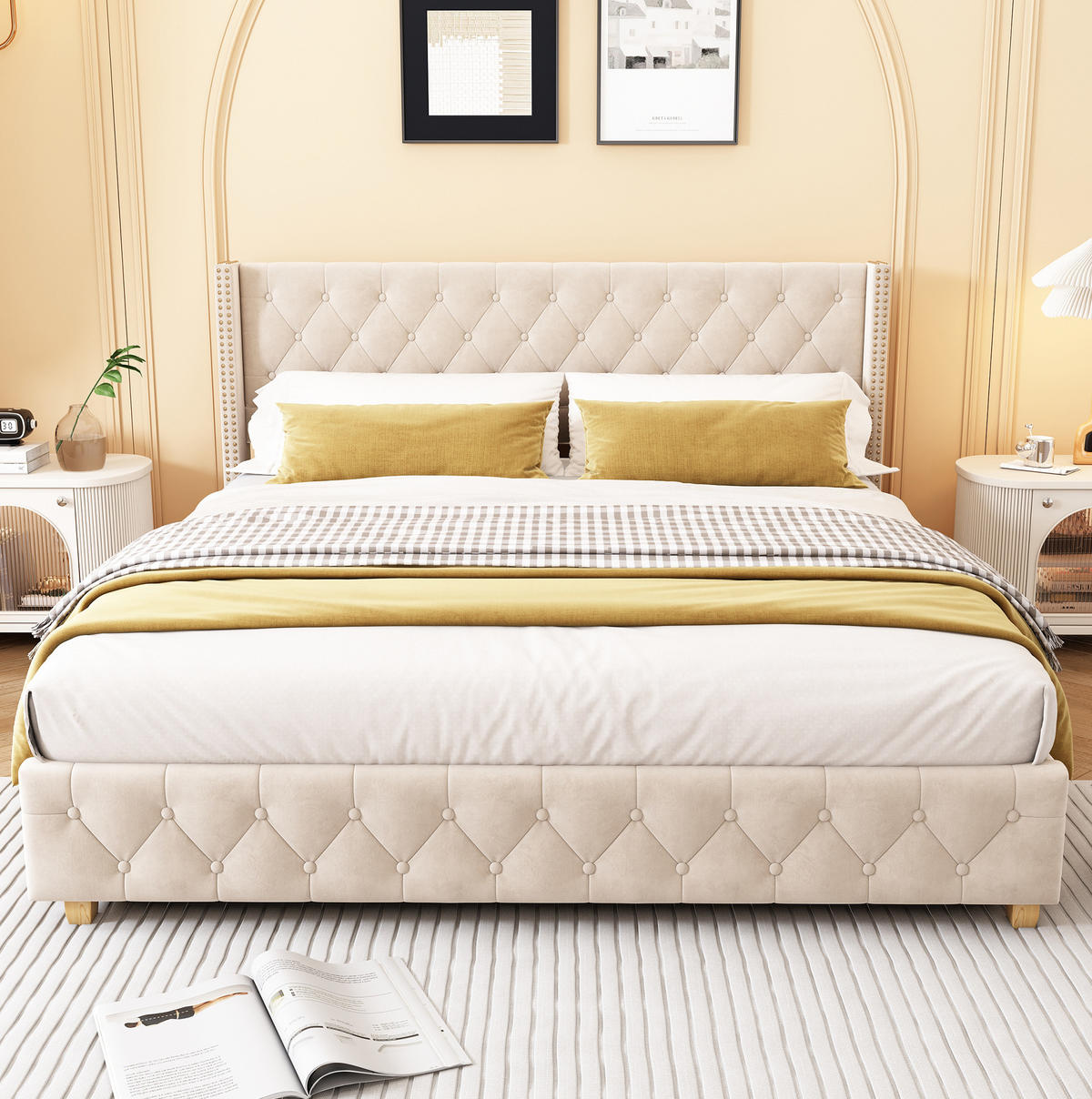 POLSTERBETT 180/200 cm aus Samt in Hellbeige mit Knopfheftung - Beige, Textil (180/200cm) - Flora Grace