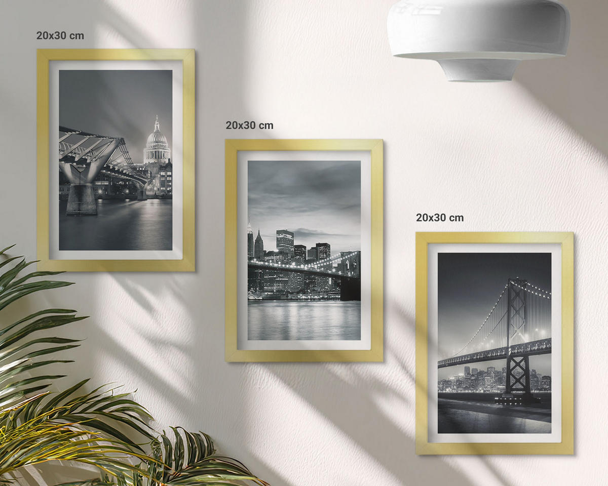 WANDBILDER 3er Set - 20x30 cm Goldrahmen - Brücken, Stadtarchitektur, Grau - Goldfarben, Kunststoff (20/30cm) - ArtPrintCave