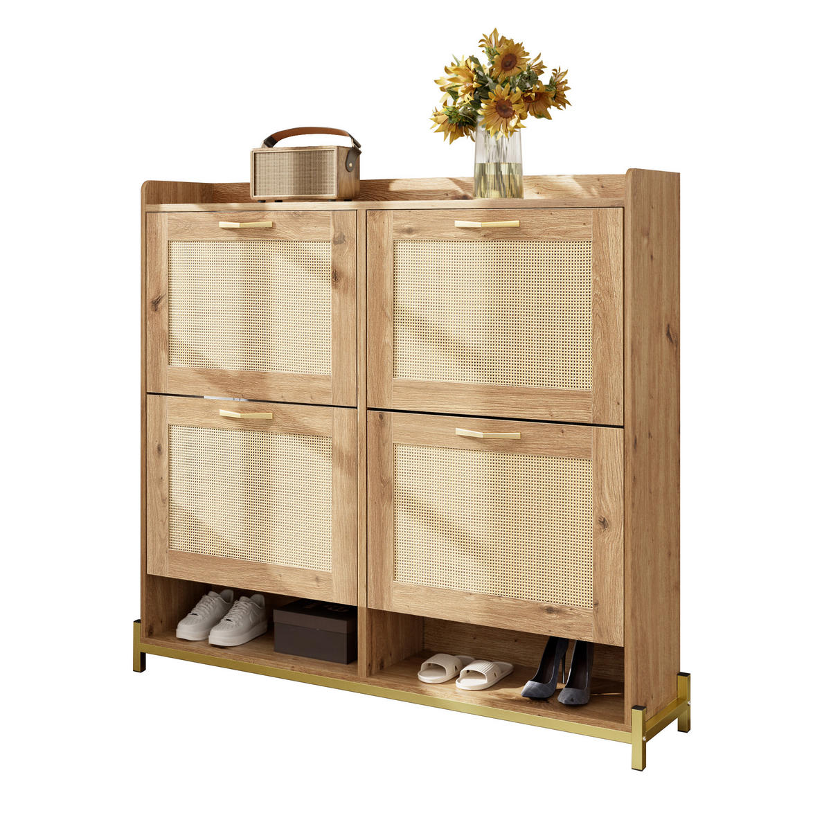 SCHUHSCHRANK Holz Rattantüren 4 Türen Metallrahmen Regal - Naturfarben, Holzwerkstoff (24/100/108.5cm) - FLIEKS