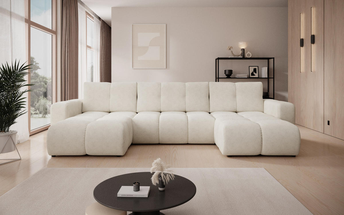 WOHNLANDSCHAFT DUCA U Beige Jersey mit Schlaffunktion - Beige, Holz (359/88/177cm) - MASSENO