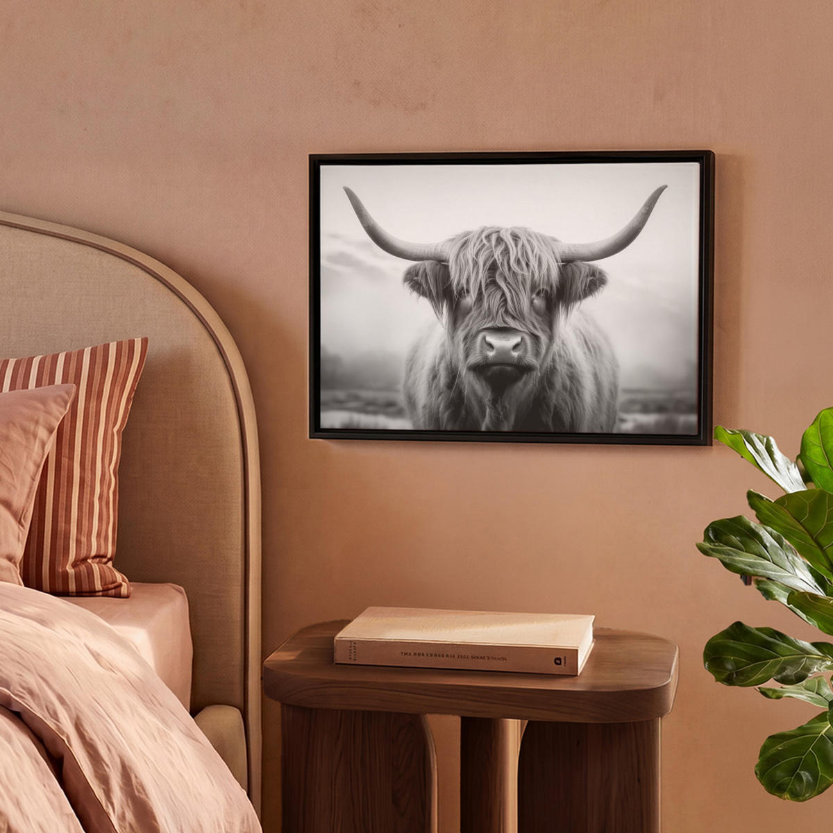 LEINWAND Bilder mit Rahmen - Schottischer Highlander - Nebel - Schwarz - Weiß - 40x30 - Grau, Textil (40/30cm) - MuchoWow