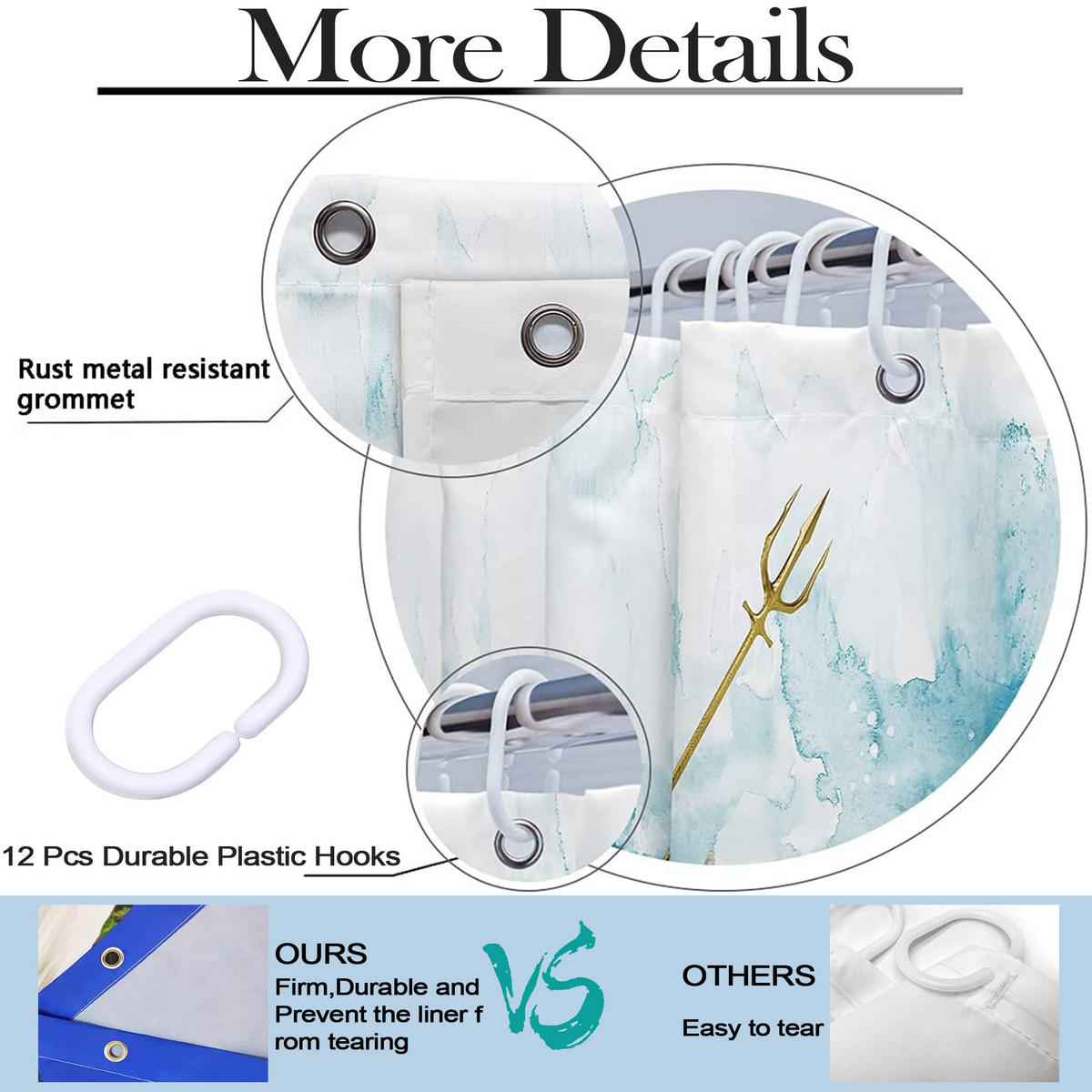 DUSCHVORHANG Polyester 3D 180 cm wasserdicht mit Haken für Badezimmer und Dusche - Blau, Textil (180/180cm) - MCBOSON