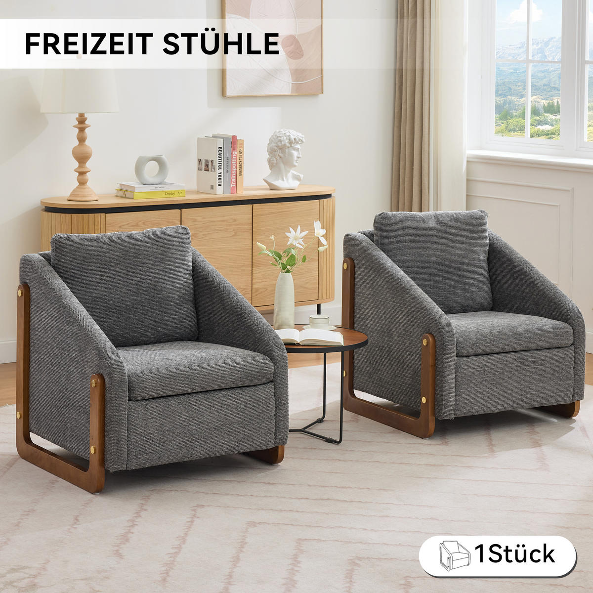 SESSEL mit Chenillebezug und Holzarmlehnen 73.5/73.5/73.5 cm Grau - Grau, Textil (73.5/73.5/73.5cm) - Redom