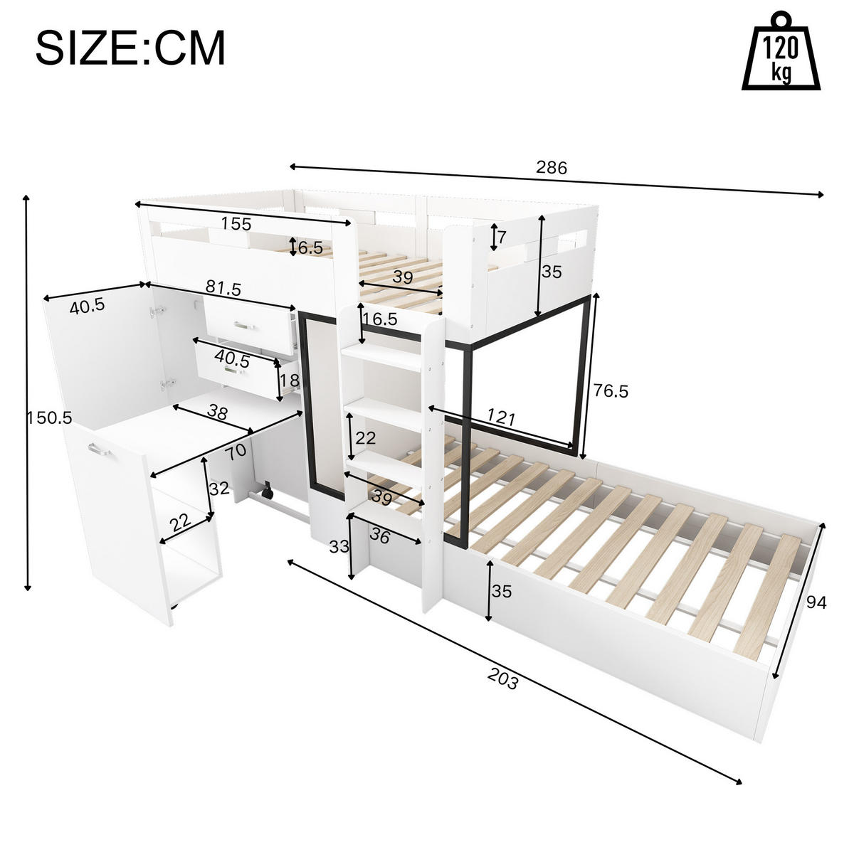 ETAGENBETT 90/200 cm mit ausziehbarem Schreibtisch, Garderobe, Schubladen und Regalen aus MDF, Weiß, Schwarz - Weiß, Holzwerkstoff (90/200cm) - Redom
