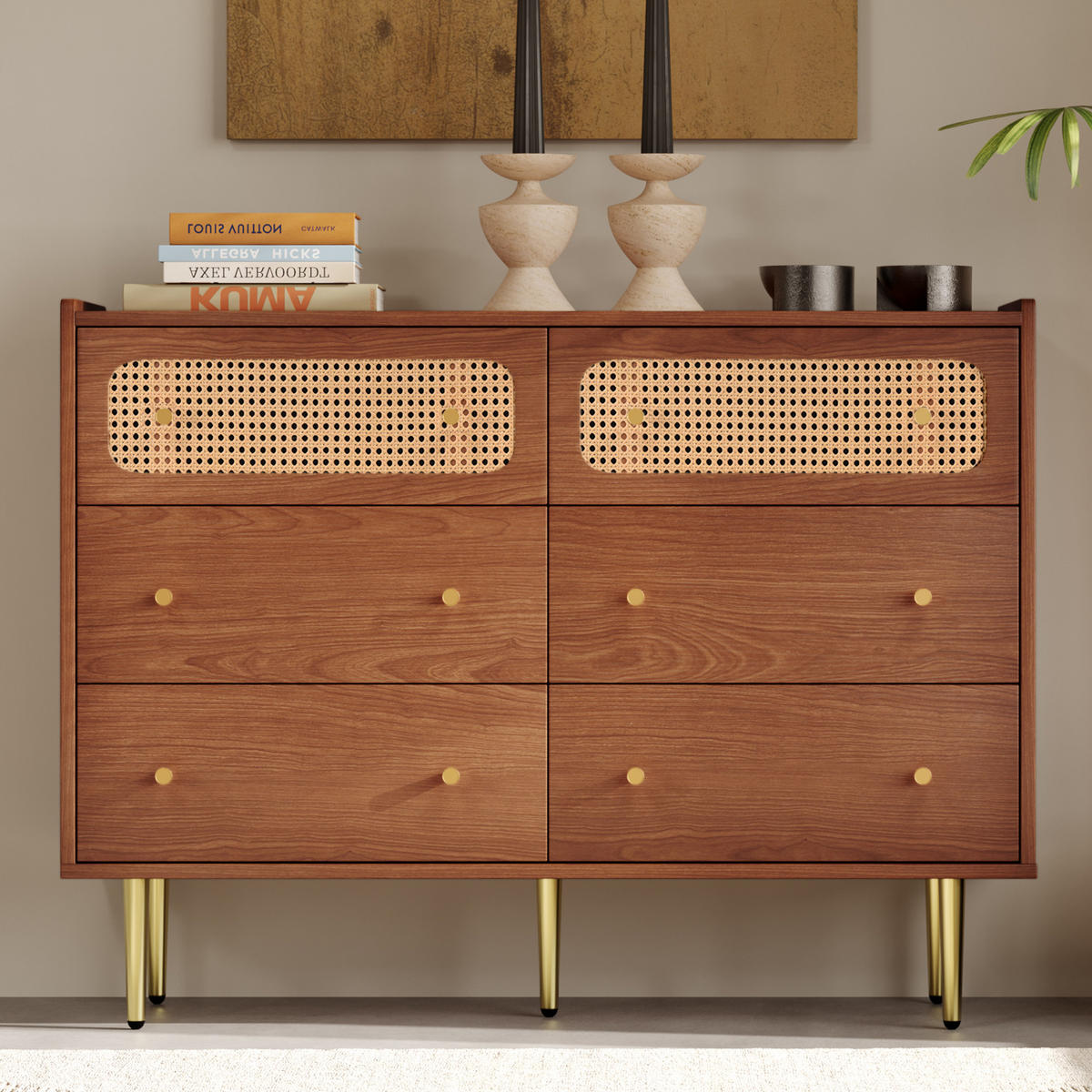 SIDEBOARD mit 6 Schubladen und Rattan-Elementen - Braun, Holzwerkstoff/Metall (120/90/40cm) - Urban Meuble