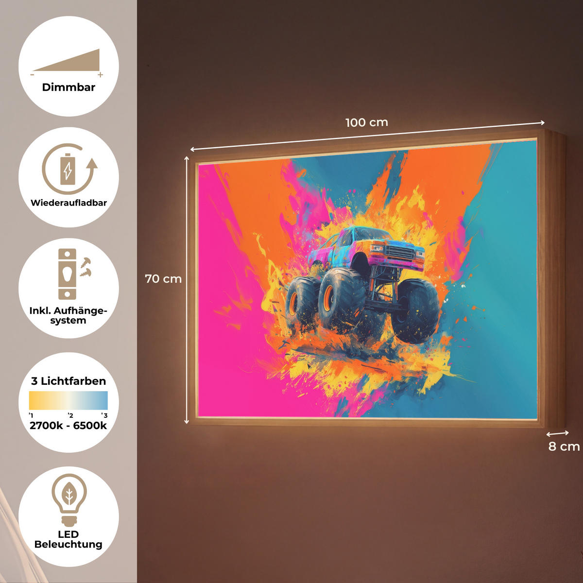 DOBÍJECÍ NOČNÍ LAMPIČKA Monster truck - Abstraktní - Stříkající barva - Barevné 100x70 cm - růžová, kompozitní dřevo (8/100/70cm) - OnlyWow