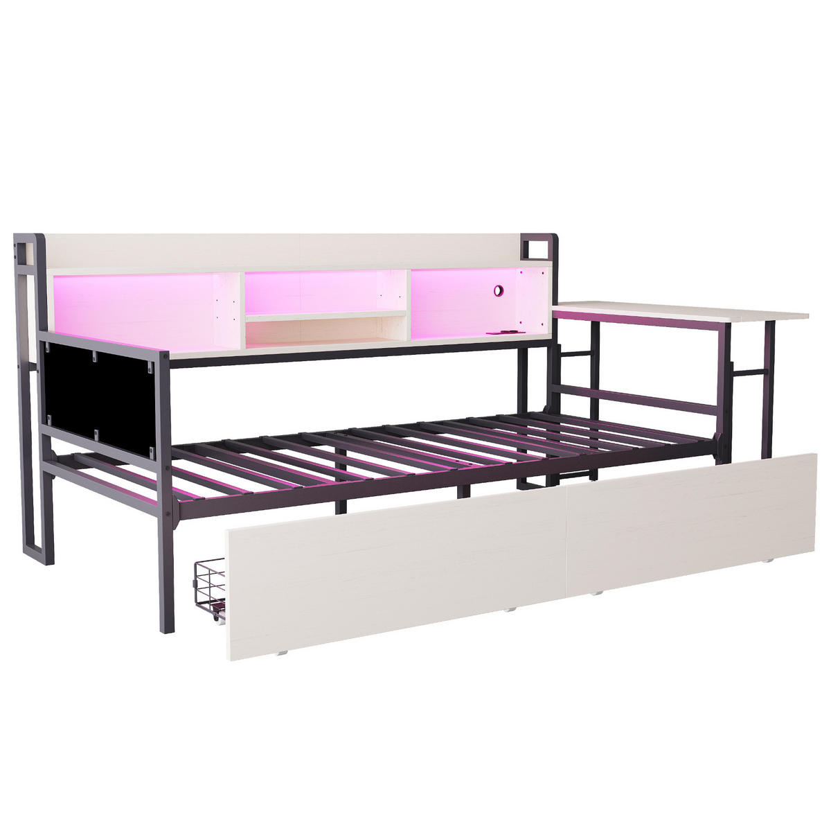 BETT 90/200 cm mit LED-Beleuchtung und Schreibtisch Weiß - Weiß, Metall (90/200cm) - OKWISH