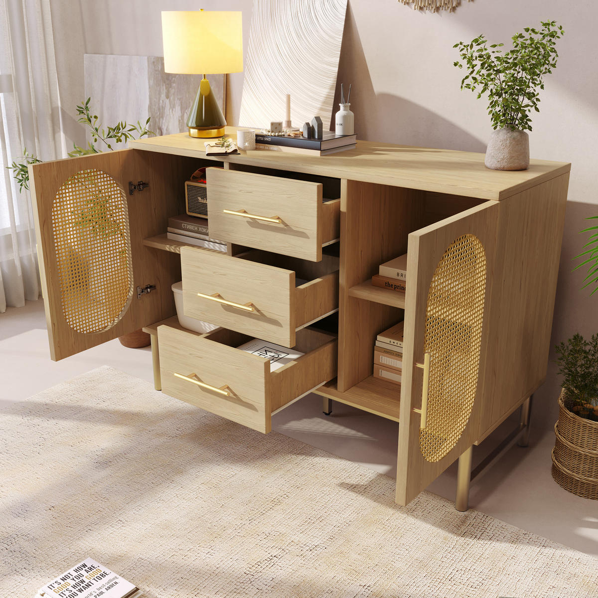 KOMMODE in Eichenfarben Sideboard mit Rattan-Türen und Schubladen für Wohnzimmer und Schlafzimmer, B120/T40/H74 cm - Eichefarben/Goldfarben, Holzwerkstoff/Metall (120/74/40cm) - STILVORA