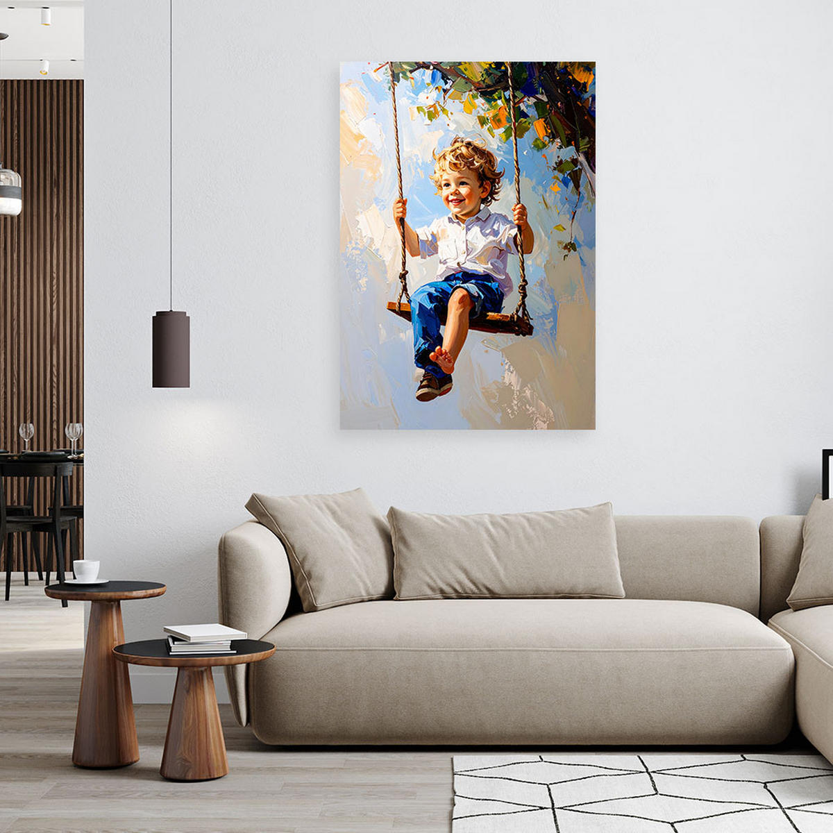 LEINWANDBILD Junge auf einer Schaukel 60x90cm - Blau, Textil (60/90cm) - Feeby