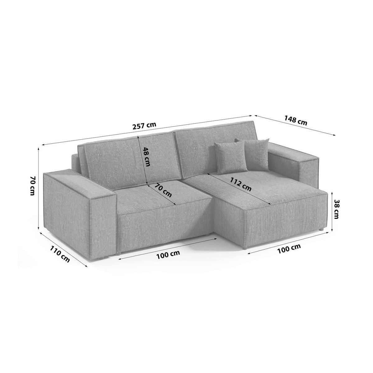ECKSOFA Schlaffunktion Bento mini Dunkelgrau (Poso 60) - Dunkelgrau, Textil (148/257cm) - Meblito