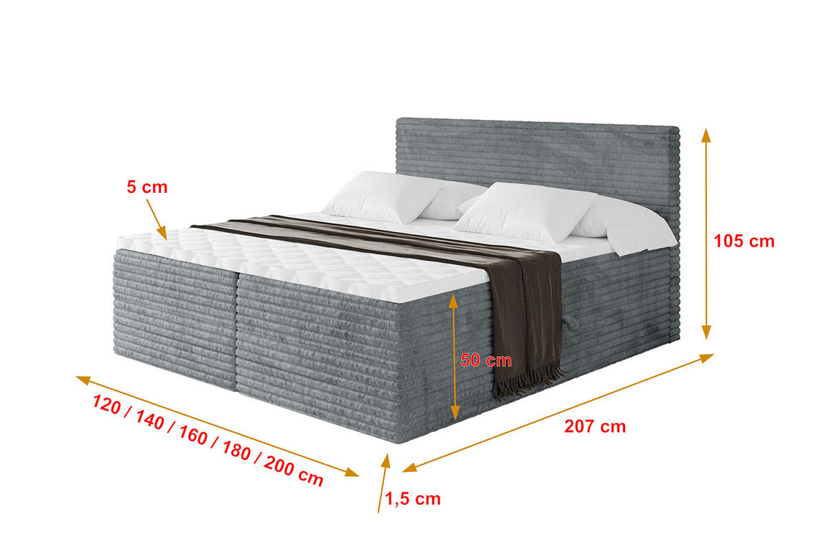 BOXBETT mit Matratze H4 und Lattenrost - TOLO-v1 - 120x200 Cord - Dunkelgrau - Dunkelgrau, Holzwerkstoff (120/200cm)