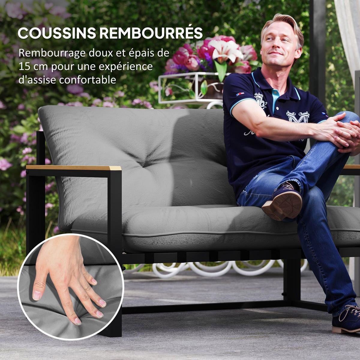 GARTENLOUNGE-SET 4-teilig DE-13425 2 Sessel + Sofa mit Tisch Grau - Hellgrau, Metall - ComfortXL