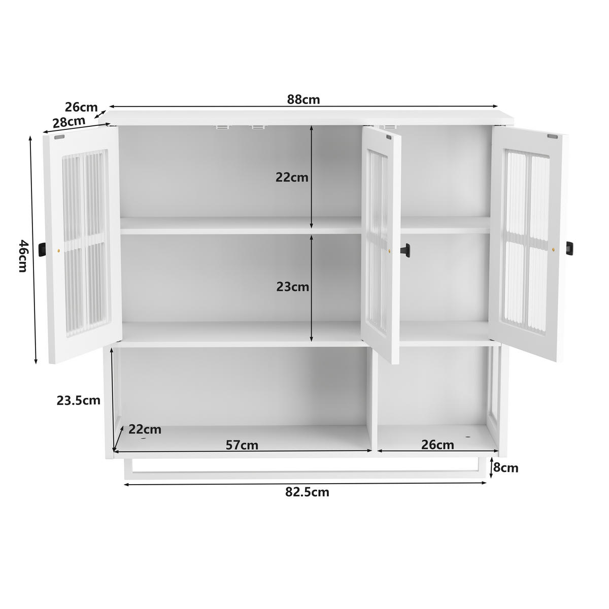 KÜCHENOBERSCHRANK 88x26x82.5 cm in Weiß aus Sicherheitsglas mit geriffeltem Glas & Handtuchstange - Weiß, Holzwerkstoff (88/82.5/26cm) - Modfu