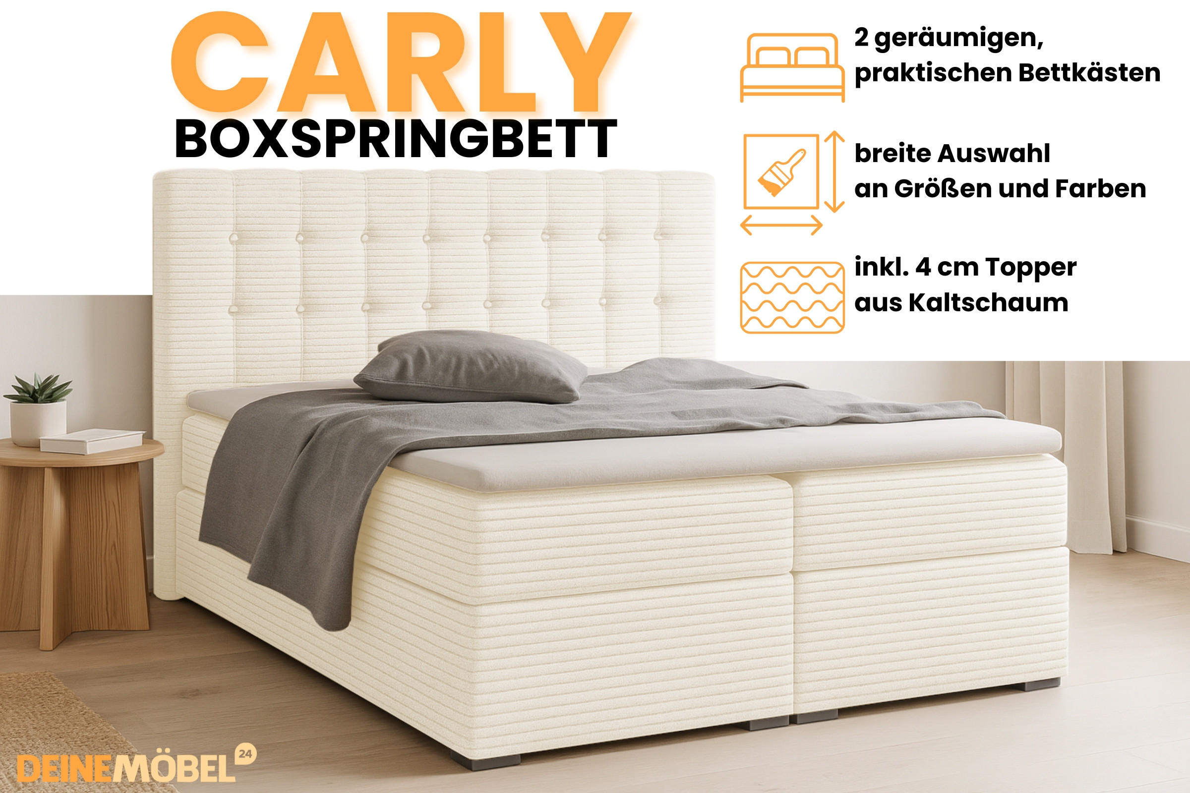 Thumbnail - Deine Möbel 24 Boxbett, Creme, Holz, Holzwerkstoff, Textil, H3, 200x200 cm, Schlafzimmer, Betten, Boxspringbetten
