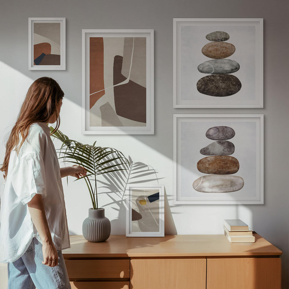 WANDBILDER 5er-Set - 50x50 cm & 20x30 cm & 40x60 cm Weißer Rahmen - Abstrakte Boho-Formen - Weiß, Kunststoff (40/60cm) - ArtPrintCave