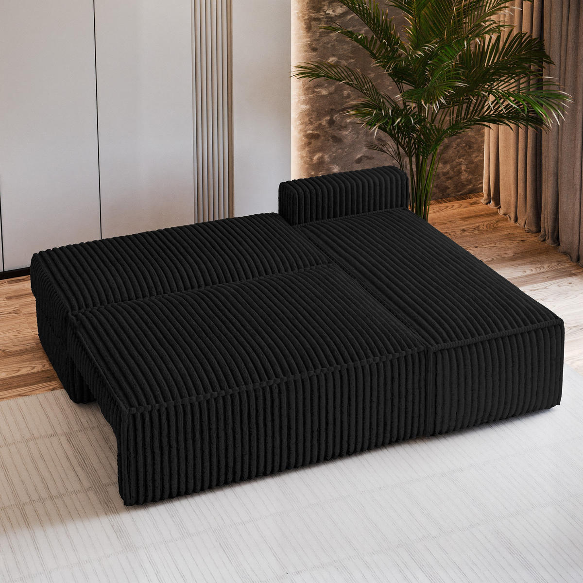 ECKSOFA BRISO T Schwarz Kordstoff mit Schlaffunktion - Schwarz, Holz (200/140cm) - MASSENO