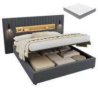 ČALOUNĚNÁ POSTEL 140 × 200 cm s matrací, úložným prostorem, lampičkou na čtení a USB, šedá, sametový potah - šedá, kov/kompozitní dřevo (180/200cm) - STILVORA