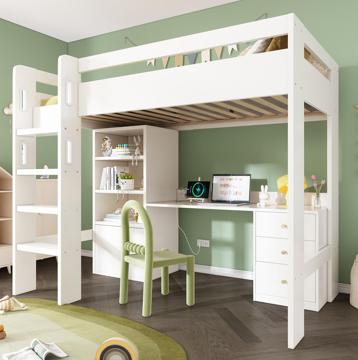HOCHBETT 90/200 cm mit Schreibtisch, USB-/Type-C-Anschluss, Kleiderschrank und Stauraum, Weiß - Weiß, Holzwerkstoff (90/200cm) - Redom