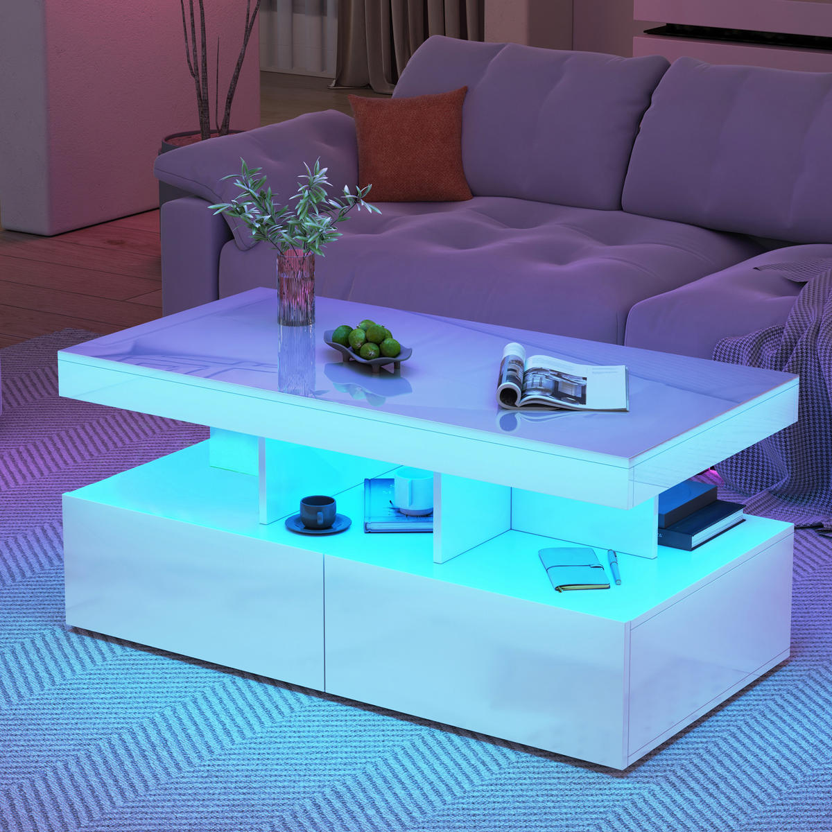 COUCHTISCH 104 x 53 x 46 cm, Wohnzimmertisch mit LED-Beleuchtung und Schubladen, Hochglanz Weiß - Weiß, Metall (104/53/46cm) - PARAFTA HOME