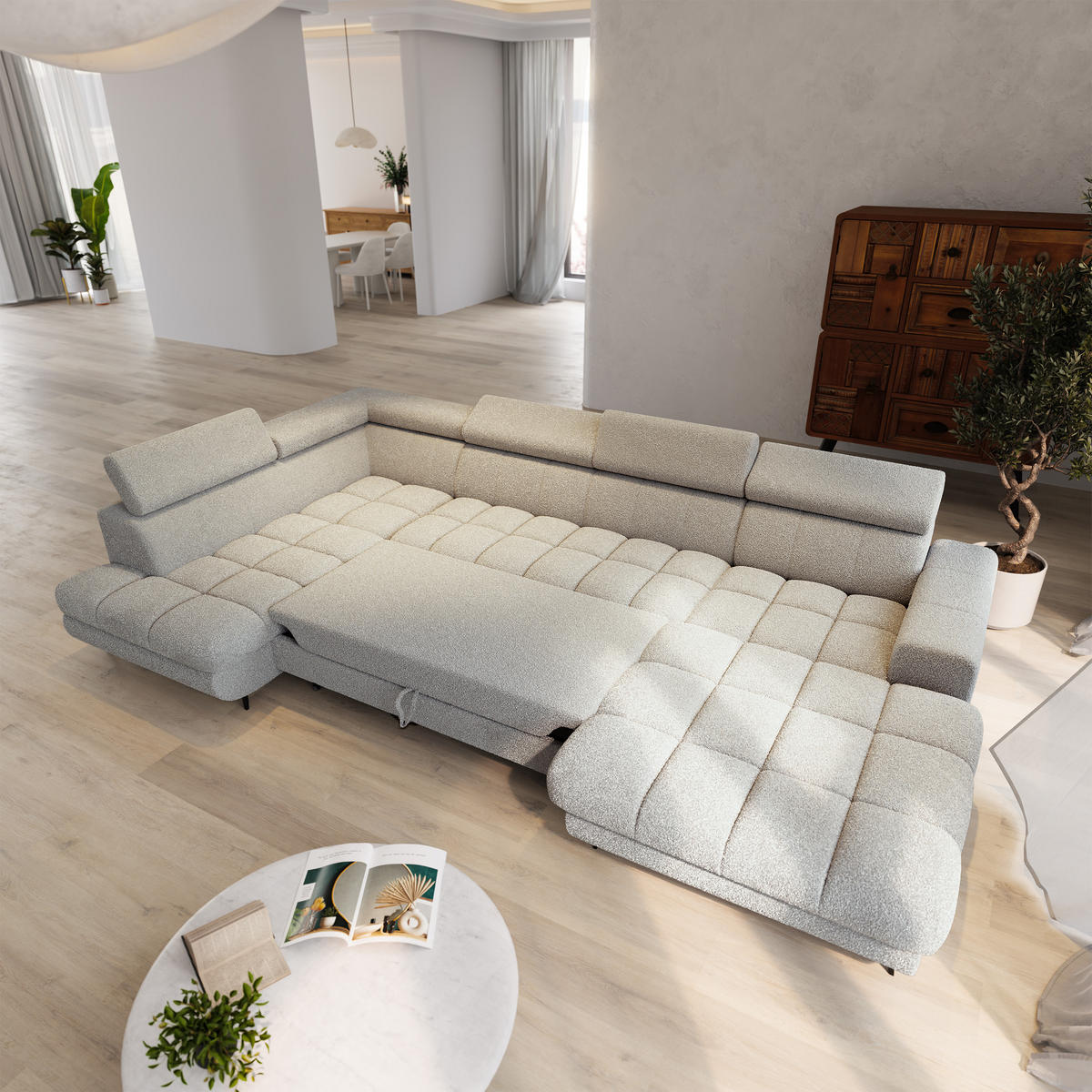 WOHNLANDSCHAFT CORENO Hellgrau Boucle-Stoff mit Schlaffunktion - Hellgrau, Holz (345/88/190cm) - MASSENO