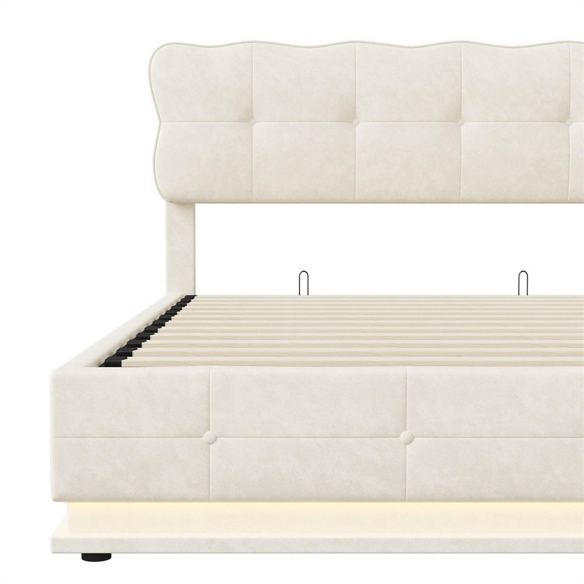 POLSTERBETT 140x200 cm mit LED-Unterbettbeleuchtung und hydraulischem Stauraum - ohne Matratze - Beige - Beige, Textil (140/200cm) - DELFA