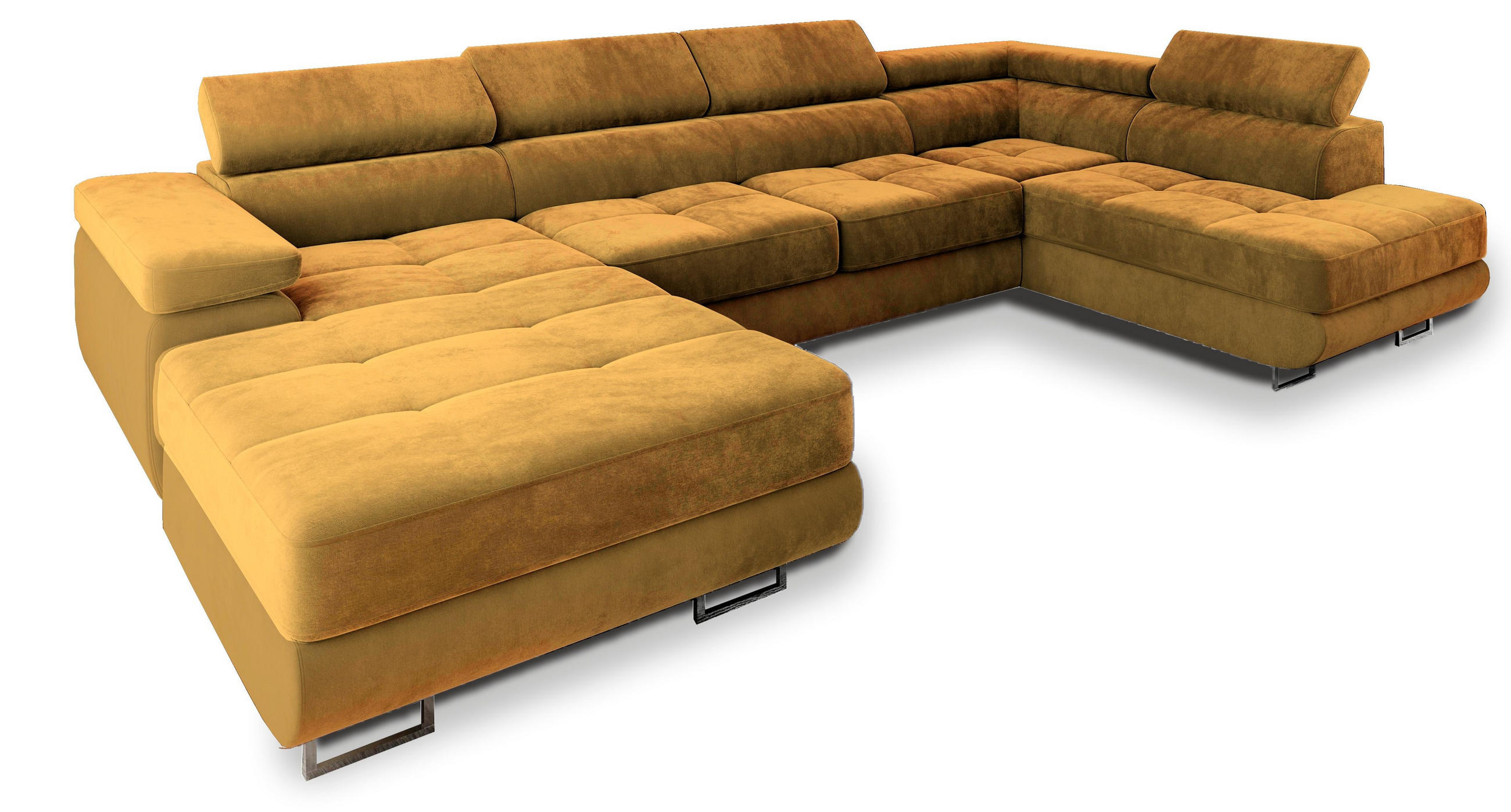 WOHNLANDSCHAFT CASONE R-S Gelb Velours-Stoff mit Schlaffunktion - Gelb, Holz (345/90/202cm) - MASSENO