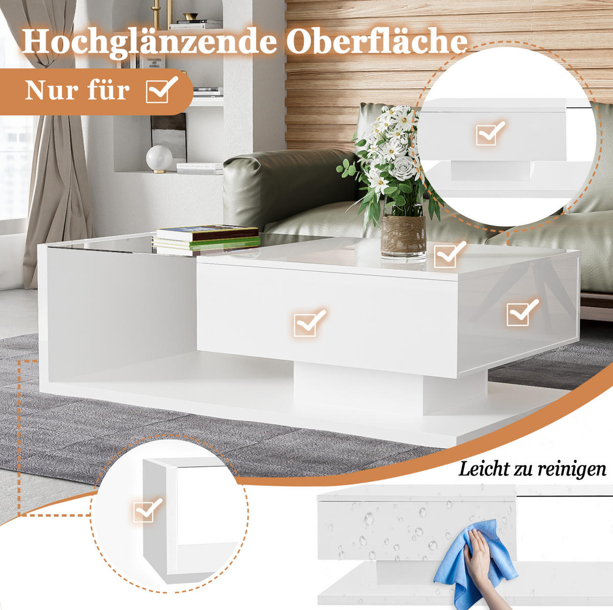 COUCHTISCH aus Spanplatte und Glas 105x55x32,5 cm in Weiß mit LED-Beleuchtung - Weiß, Holzwerkstoff (105/55/32.5cm) - Modfu