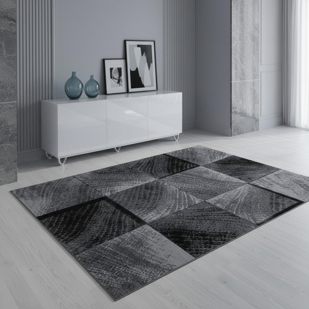 TEPPICH Kurzflor Karo-Design Polypropylen Wohnzimmer Schwarz Rechteckig 280x370 - Schwarz, Textil (280/370cm) - KADIMA DESIGN