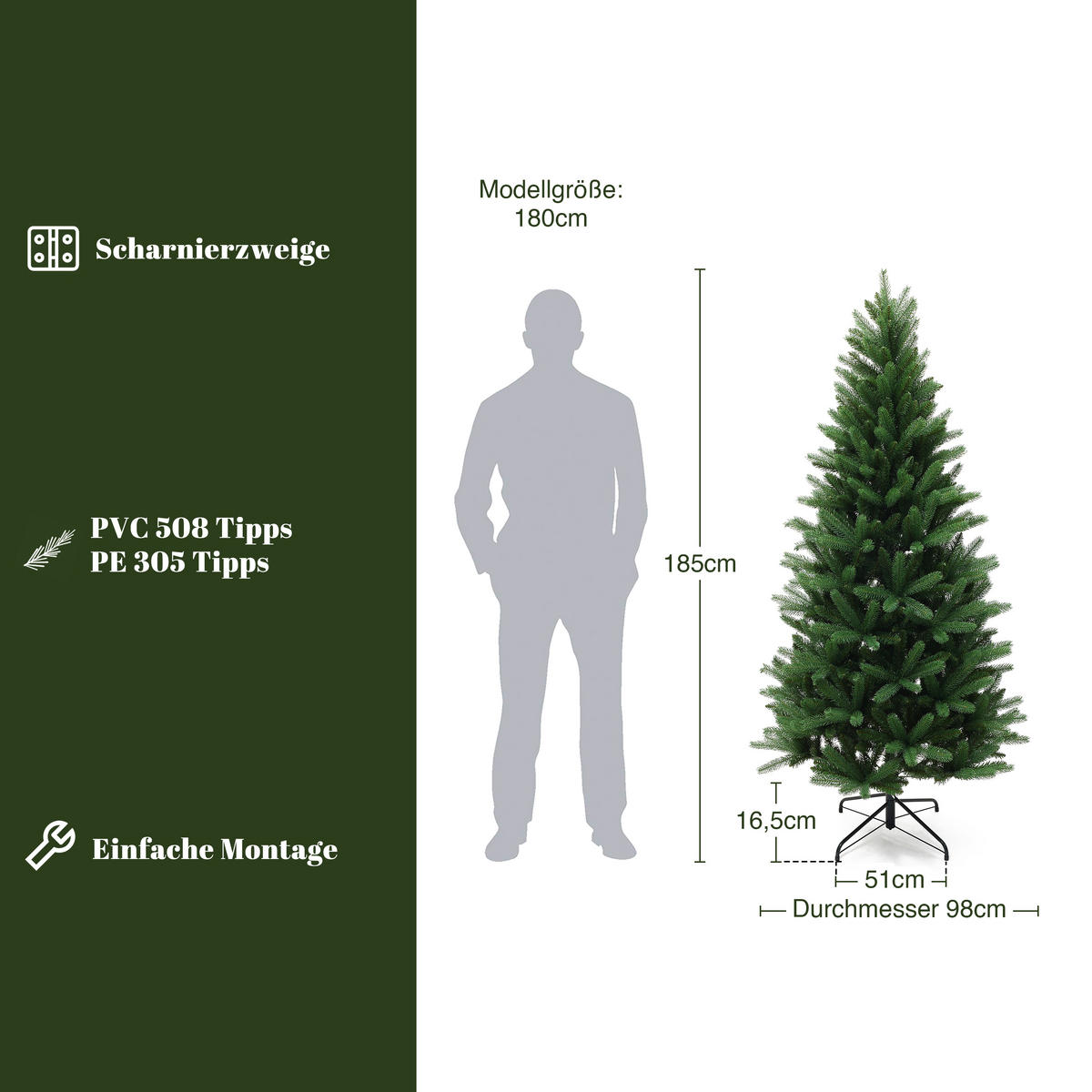 WEIHNACHTSBAUM 185 cm in Fraser-Tannen-Optik mit Metallständer - Grün, Kunststoff (185cm) - Hometopia