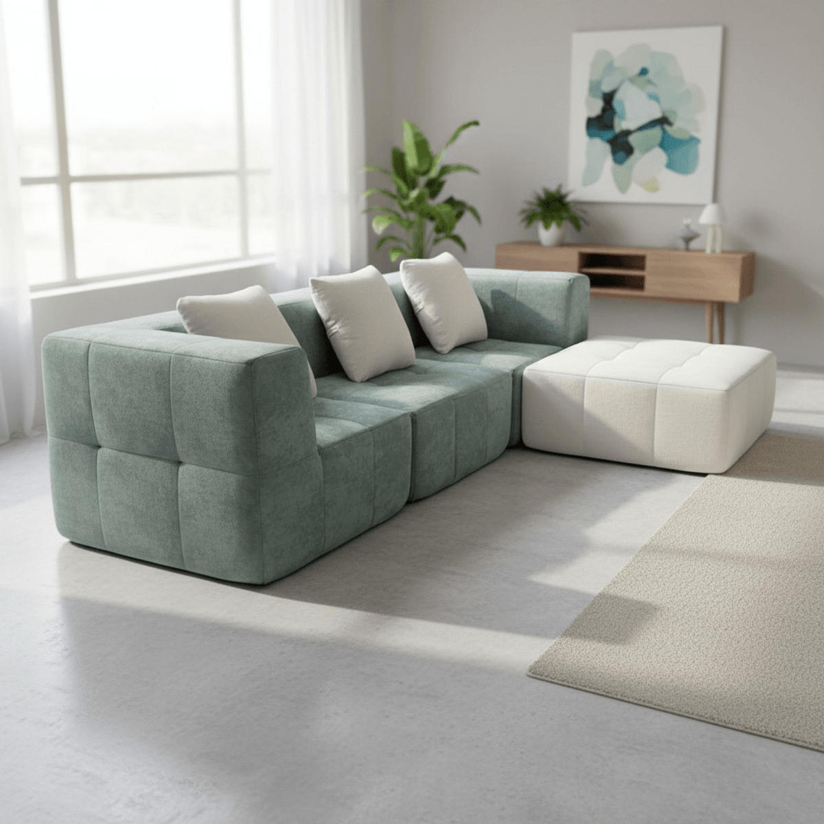 ECKSOFA Eden Komplett Salbei Weiß 3-Sitzer - Salbeigrün, Textil (272/71/92cm) - COCO Living