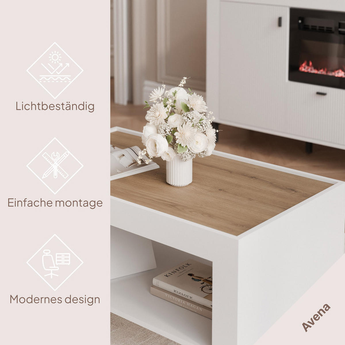 COUCHTISCH AVENA 97/56/47 cm Rechteckig, Weiß/Eiche - Schwarz/Weiß, Holzwerkstoff/Metall (56/97/47cm) - Idohome