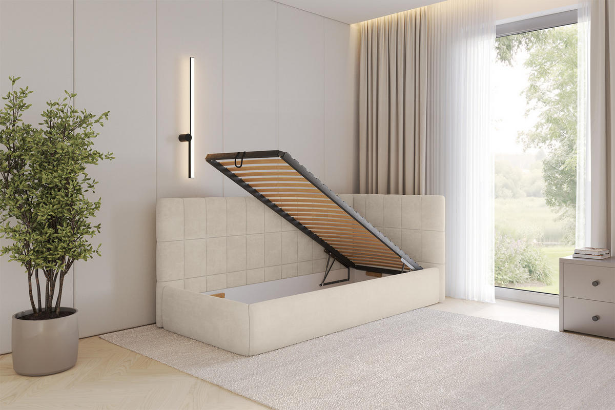 EINZELLBETT Jugendbett mit Bettkasten, Links - TULY 90x200 Beige - Beige, Holzwerkstoff/Textil (90/200cm) - ALTDECOR