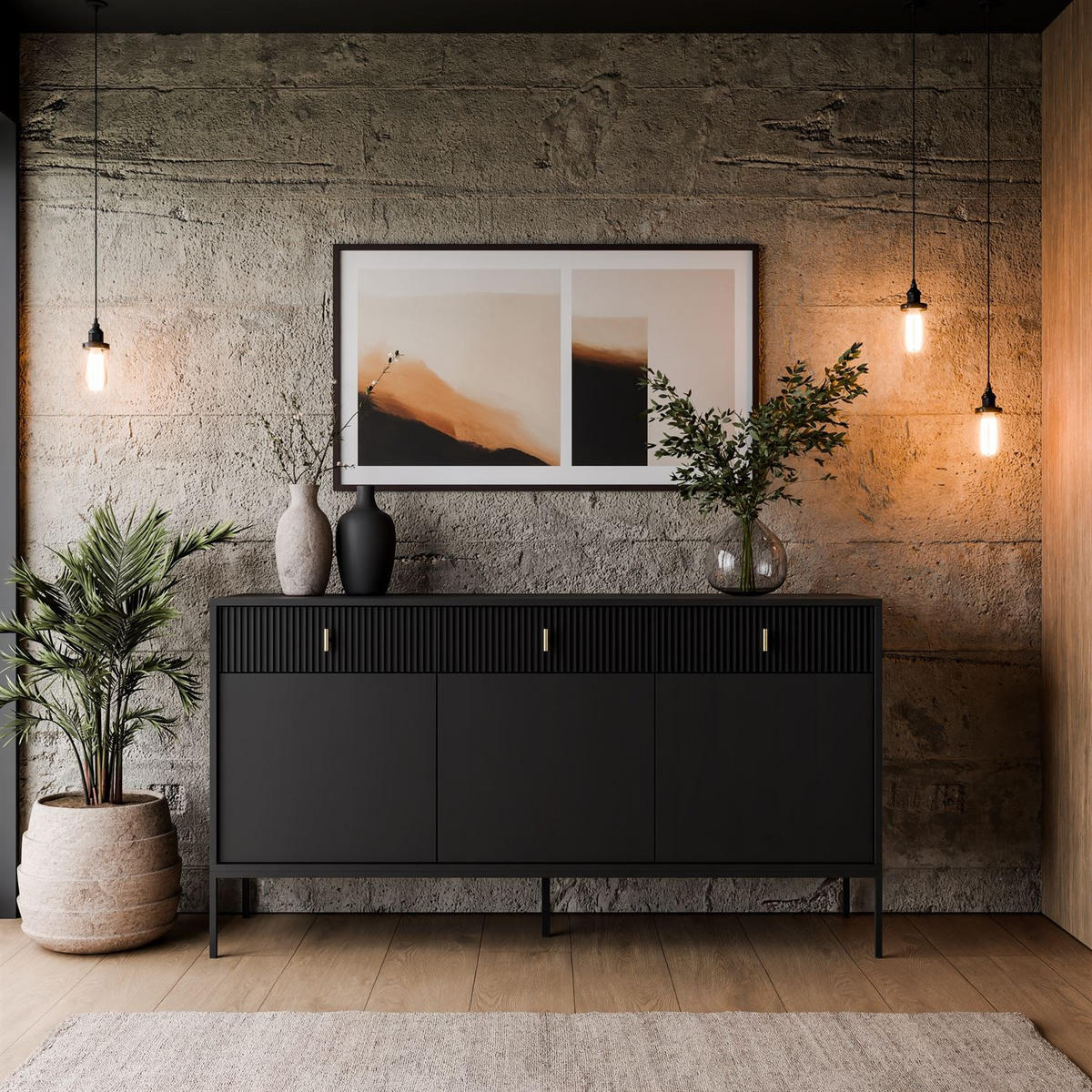 Kommode MIDNIGHT 3D3S mit drei Schubladen auf Gestell schwarz - Schwarz, Holzwerkstoff (154.5/82.5/39cm) - Lookway