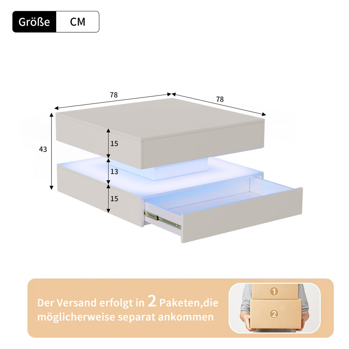 COUCHTISCH 78x78 cm mit RGB-LED & 2 Schubladen, Weiß Hochglanz - Weiß, Metall (78/78/43cm) - EuroLiving