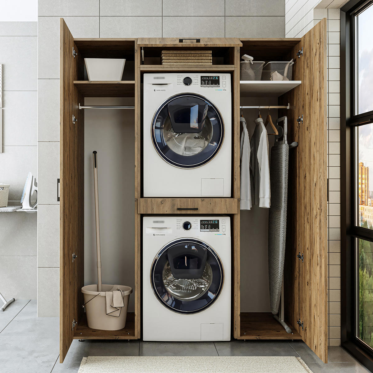 WASCHMASCHINENSCHRANK DUO-I 157cm Breit, 205cm Hoch - Eichefarben, Holzwerkstoff (157/205/67cm)