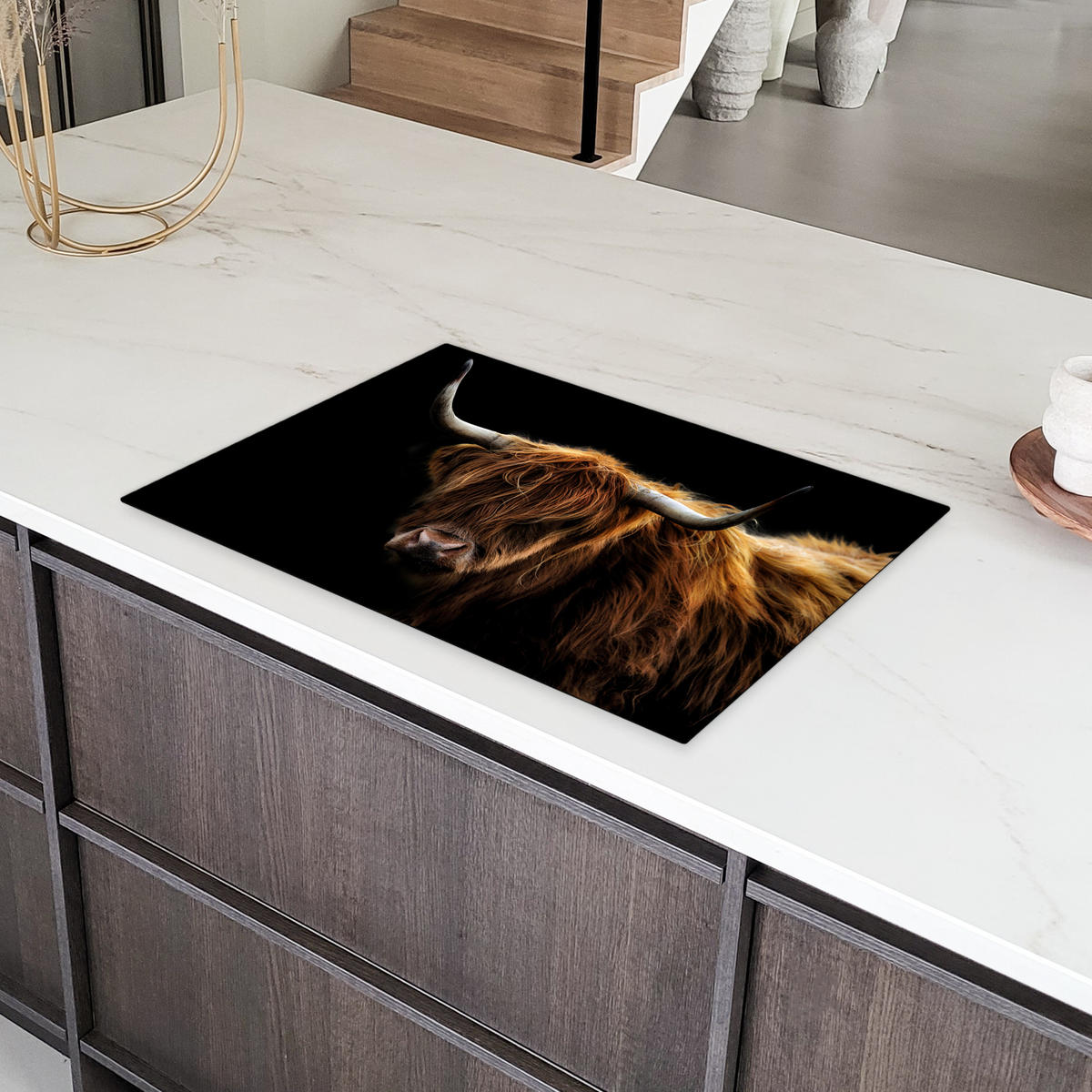 HERDABDECKPLATTE Schottischer Highlander - Hörner - Schwarz - Tiere - Natur - Wild - Kuh 78x52 cm - Cognac, Kunststoff (78/0.2/52cm) - MuchoWow