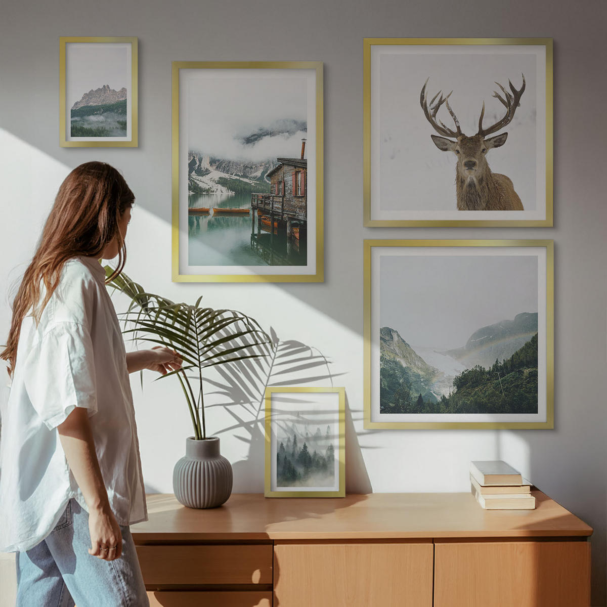 WANDBILDER 5er Set - 50x50 cm & 20x30 cm & 40x60 cm Goldrahmen - Berge, See, Hirsche, Hütte, Nebel - Goldfarben, Kunststoff (40/60cm) - ArtPrintCave