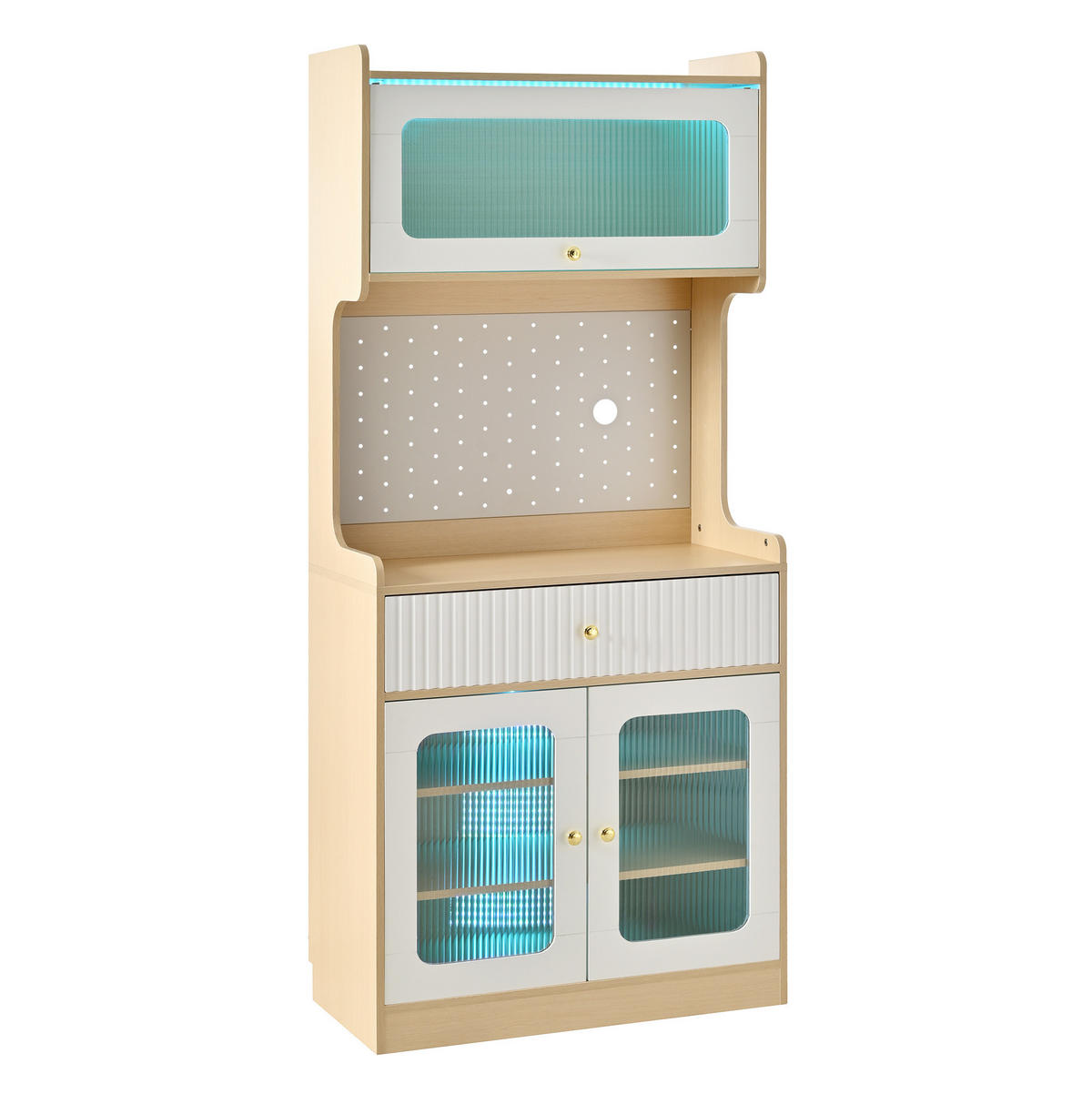 KÜCHENSCHRANK mit LED und Riffelglas 80 x 40 x 180 cm Natur/Weiß - Braun, Holzwerkstoff (40/180/80cm) - Meubliv