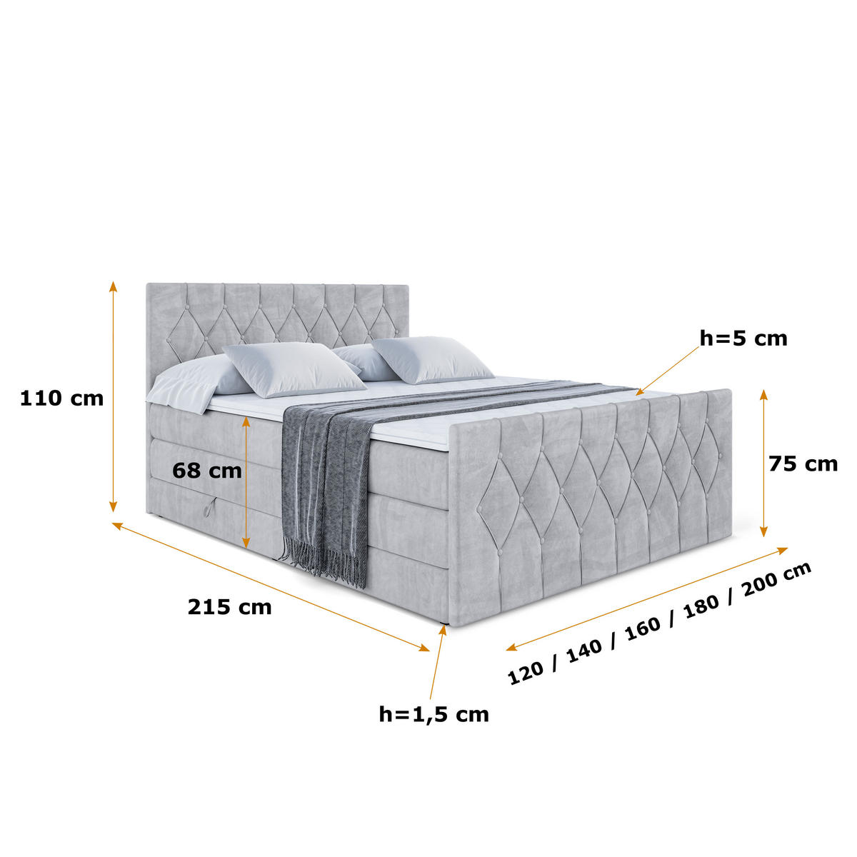 BOXSPRINGBETT VELANTO-Z KING - 140 x 200 - H3/H4 - Hellgrau - Hellgrau, Holzwerkstoff (140/200cm) - ALTDECOR