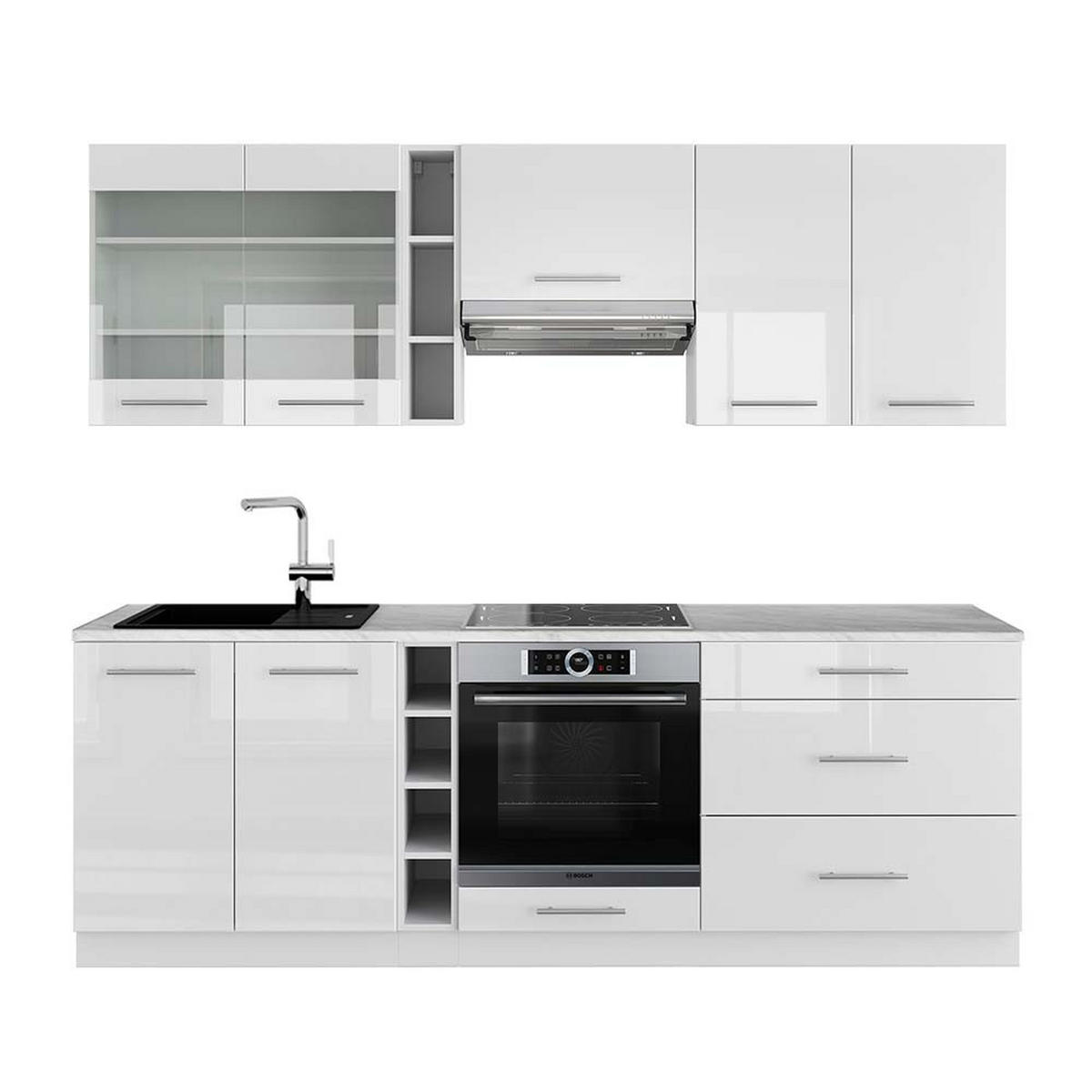 KÜCHENZEILE Fame-Line Weiß Hochglanz/Weiß 235 cm, AP Marmor - Weiß Hochglanz/Weiß, Holzwerkstoff (235/81.6/60cm) - Vicco