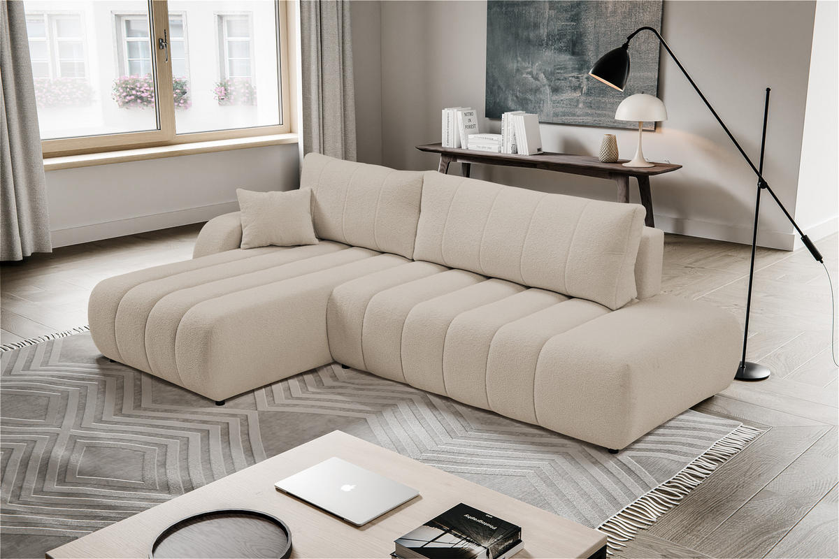 ECKSOFA Baloo mit Schlaffunktion und Bettkasten, komfortable Polsterung, Stoffbezug, lose Rückenkissen, freistehend, LINKS, 176x276x88 cm, Beige - Beige, Holz/Textil (176/276cm) - DomoHome