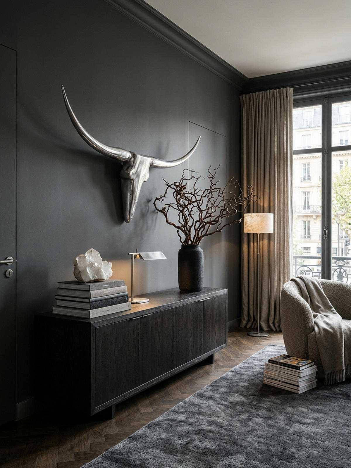 WANDDEKO Bull Geweih aus Aluminium 125 cm Breite, Silber 100x5x35 cm - Silberfarben, Metall (100/35/5cm) - KADIMA DESIGN