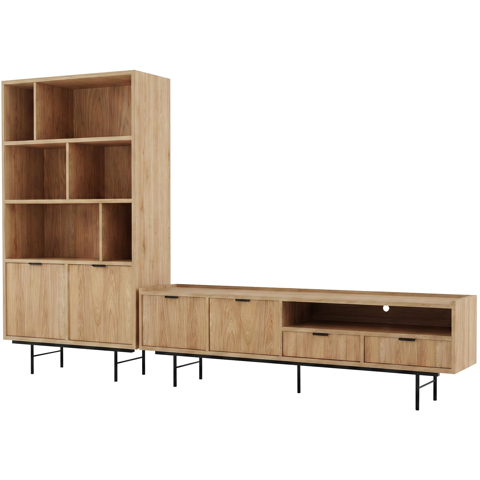 WOHNWAND Evron 2-teilig Bücherregal 90 cm + TV-Board 200 cm, Hikora Eiche - Eichefarben/Schwarz, Holzwerkstoff/Metall (200/185/35cm) - Beautysofa