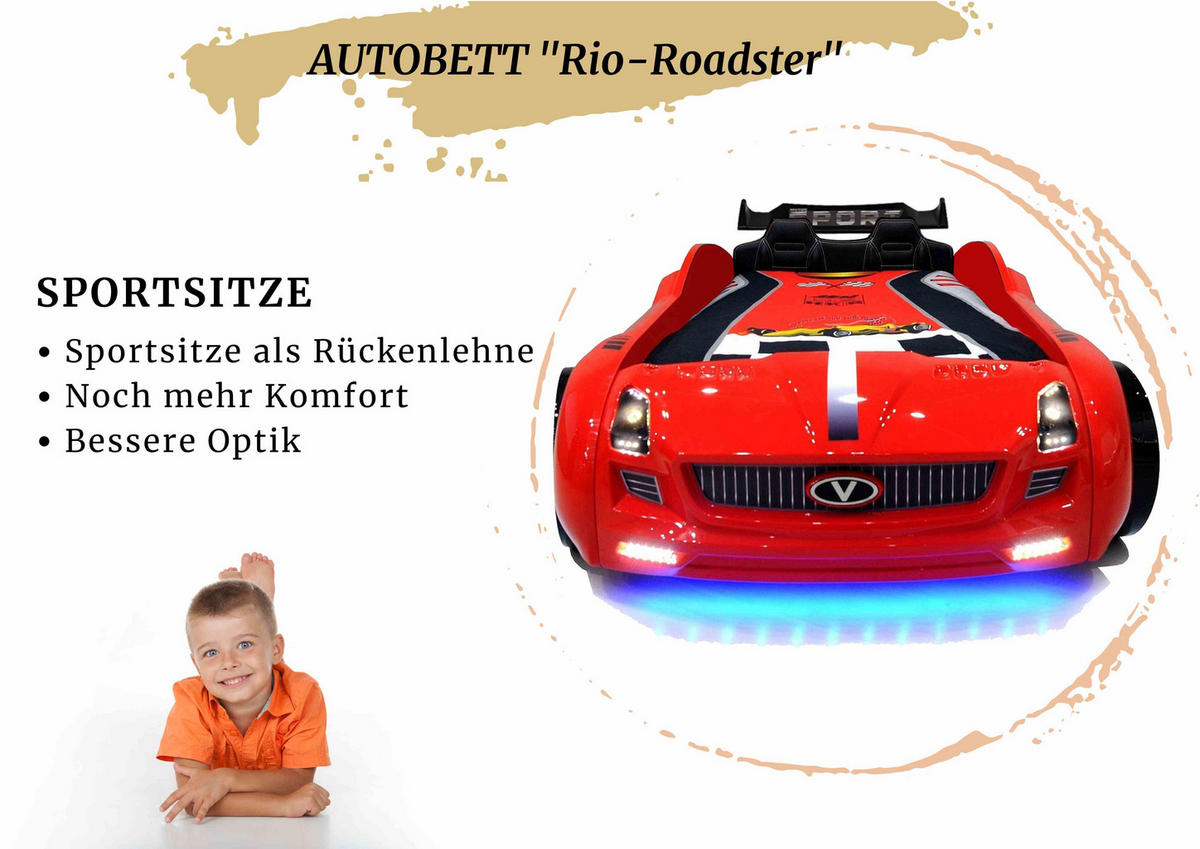 AUTOBETT Roadster Rot Kinderbett LED Sound Sportsitze Lattenrost Spoiler - Rot/Schwarz, Holzwerkstoff/Kunststoff (90/190cm) - Aileenstore