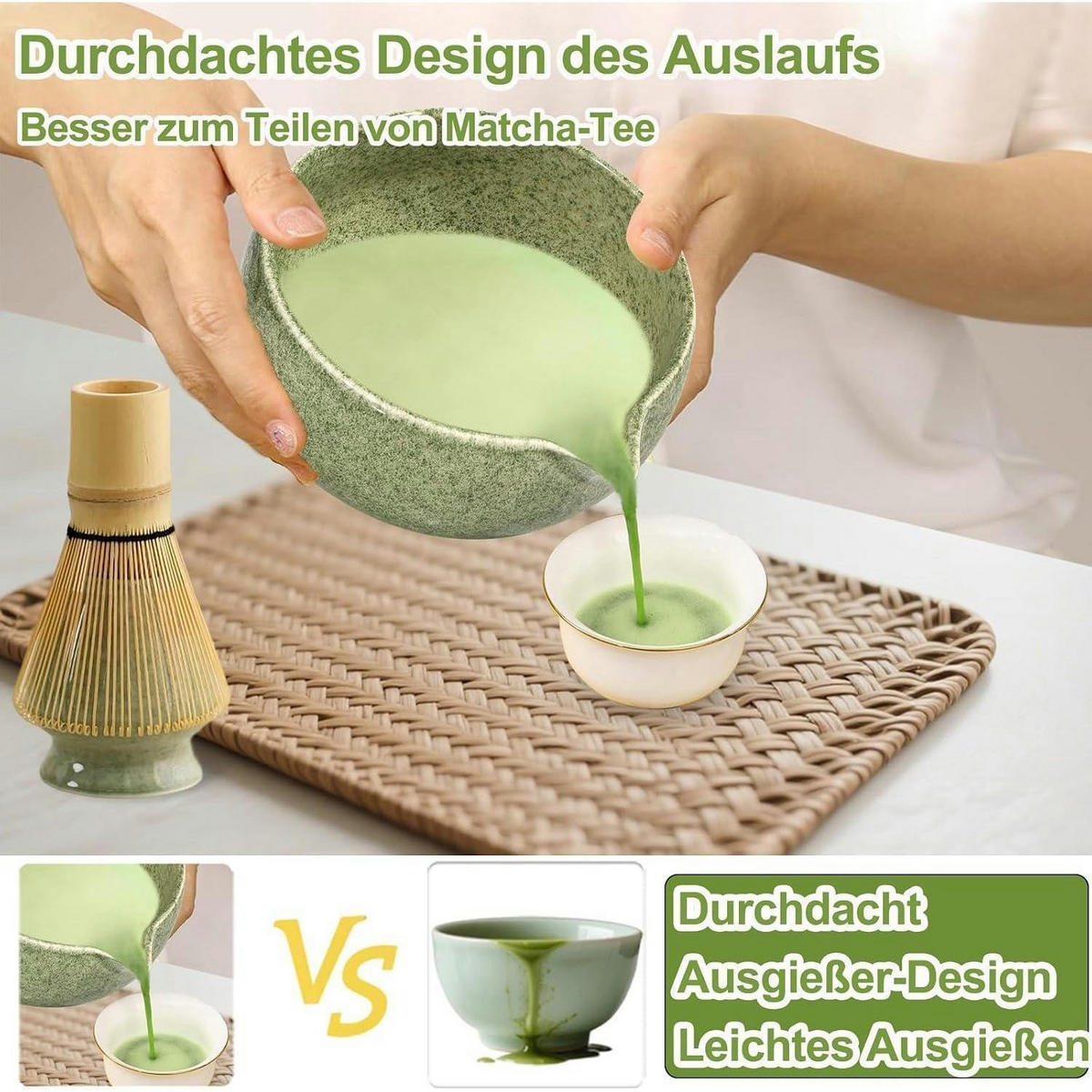 MATCHA Set 6-teiliges Set mit Bambusbesen und Schale - Grün, Keramik (115/108/130cm)