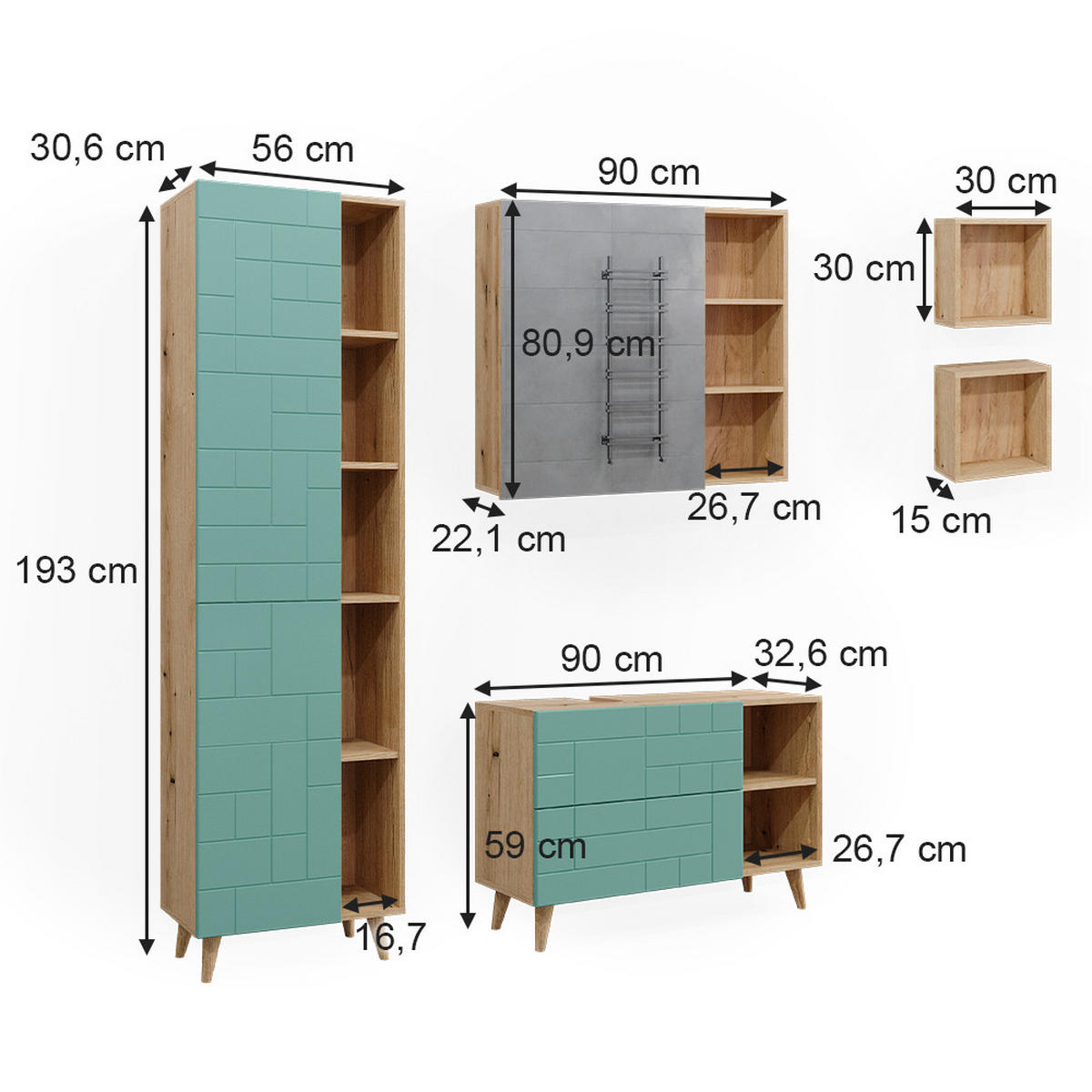 BADMÖBEL-SET Rudi Mintgrün 5 Teile, mit Hochschrank - Eichefarben/Mintgrün, Holzwerkstoff (90/59/32cm) - Vicco