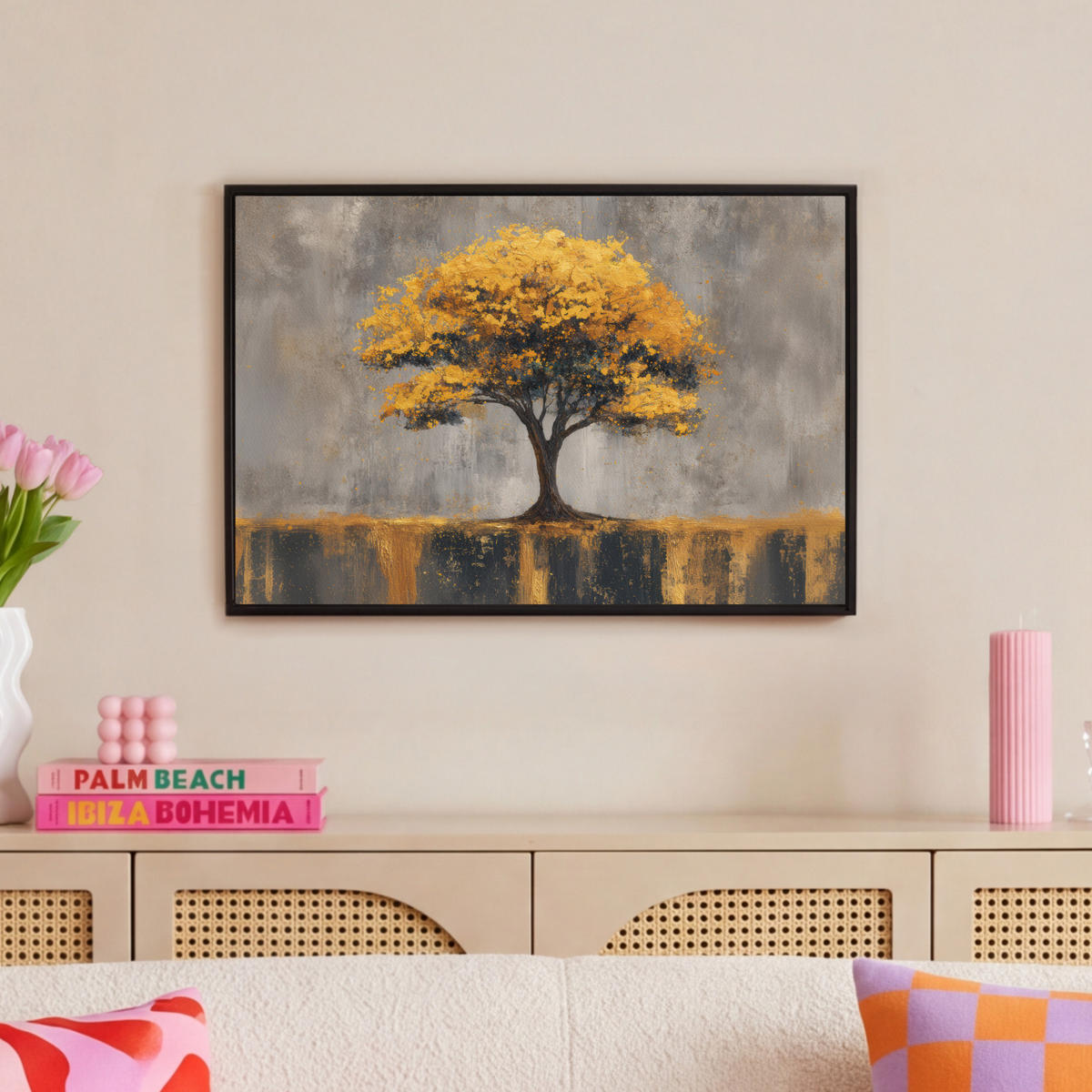 LEINWAND Bilder mit Rahmen - Baum - Blätter - Gold - Abstrakt - 60x40 - Grau, Textil (60/40cm) - MuchoWow
