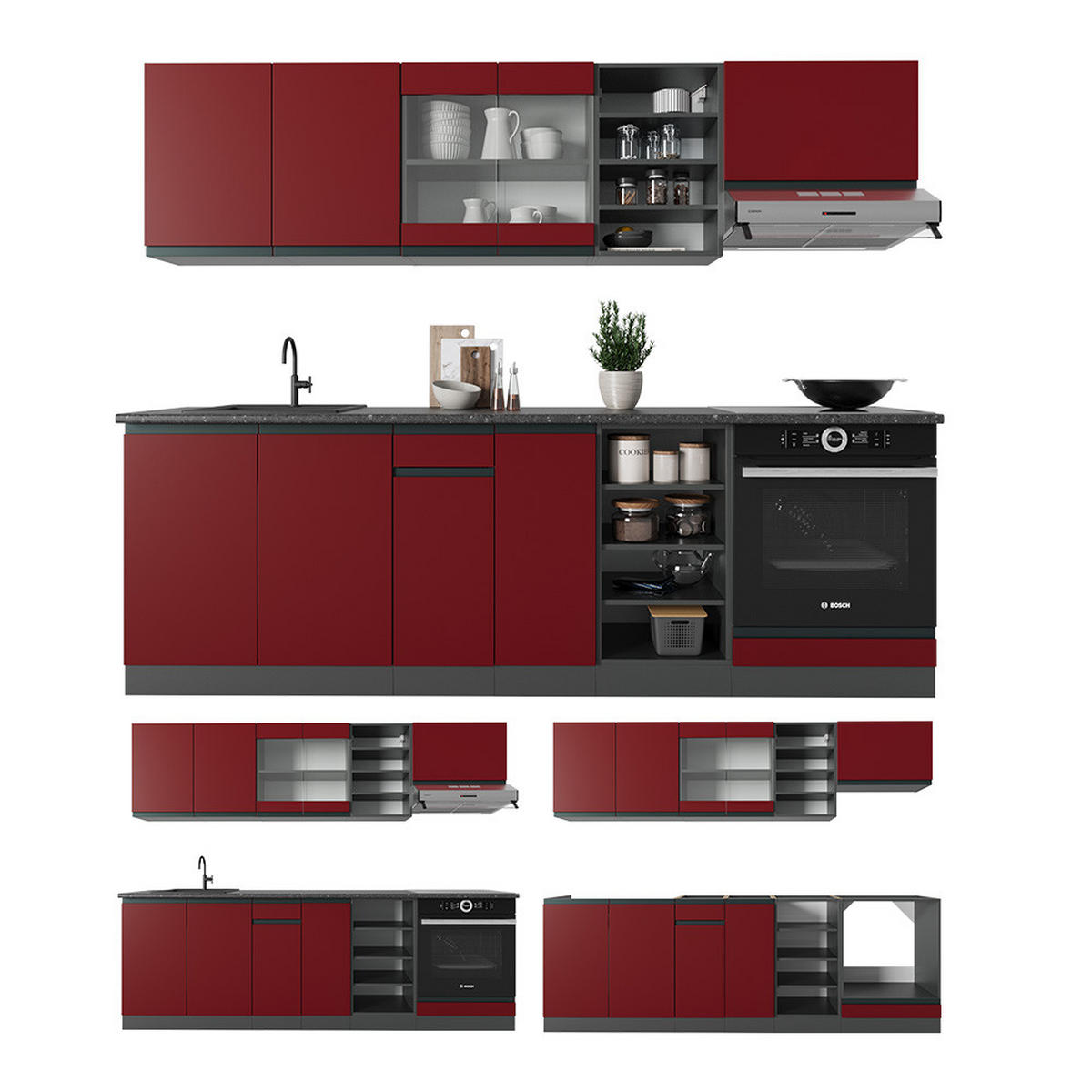 KÜCHENZEILE R-Line Rot/Anthrazit 240 cm, AP Marmor - Anthrazit/Rot, Holzwerkstoff (240/81.6/60cm) - Vicco