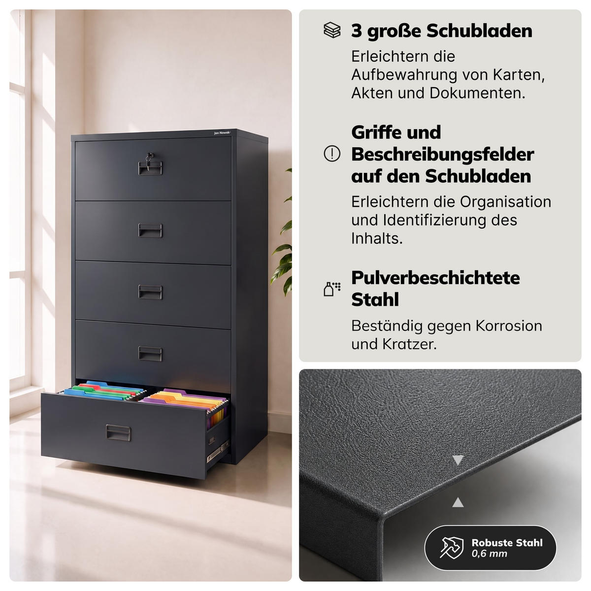 AKTENSCHRANK aus Metall SARA XL V5 162x90x60 cm - Anthrazit, Metall (90/162/60cm) - Jan Nowak